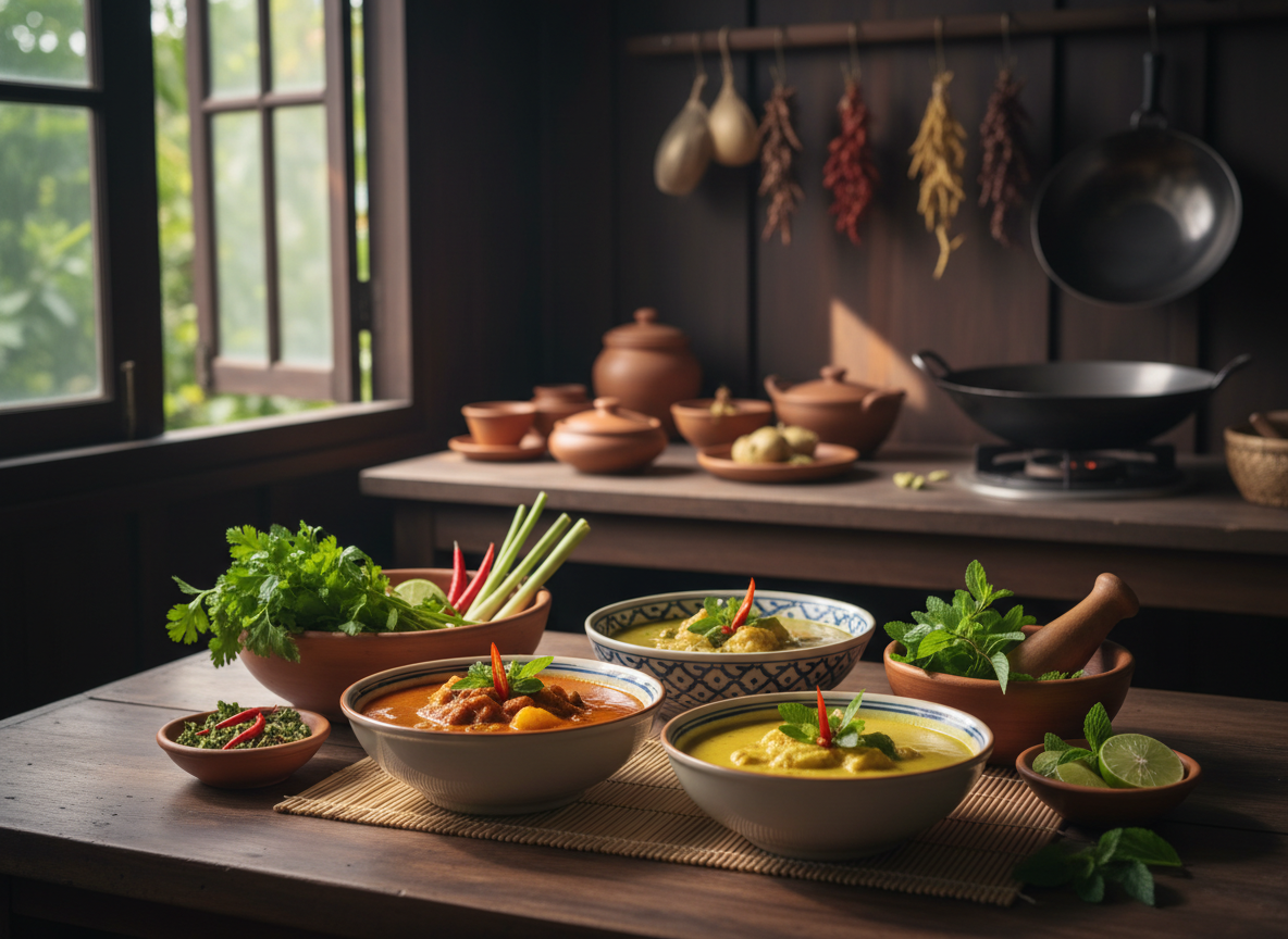 Traditional Thai home kitchen scene with bowls of curry and fresh herbs on a wooden table.