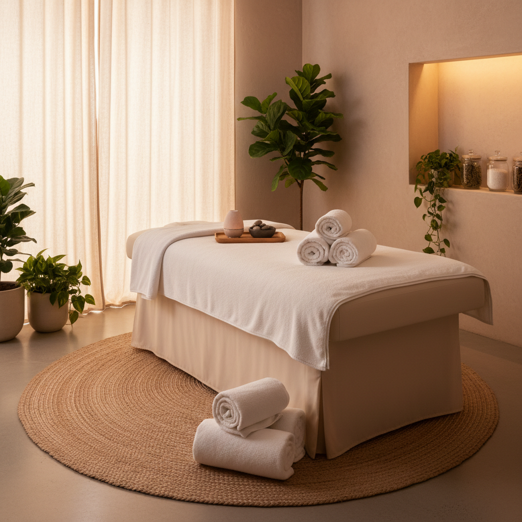 Calm spa wellness room with neatly folded towels and warm ambient light.