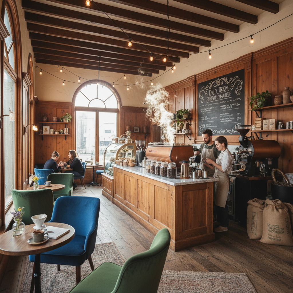 Cozy artisan coffee cafe interior with warm wood tones and brewing coffee.